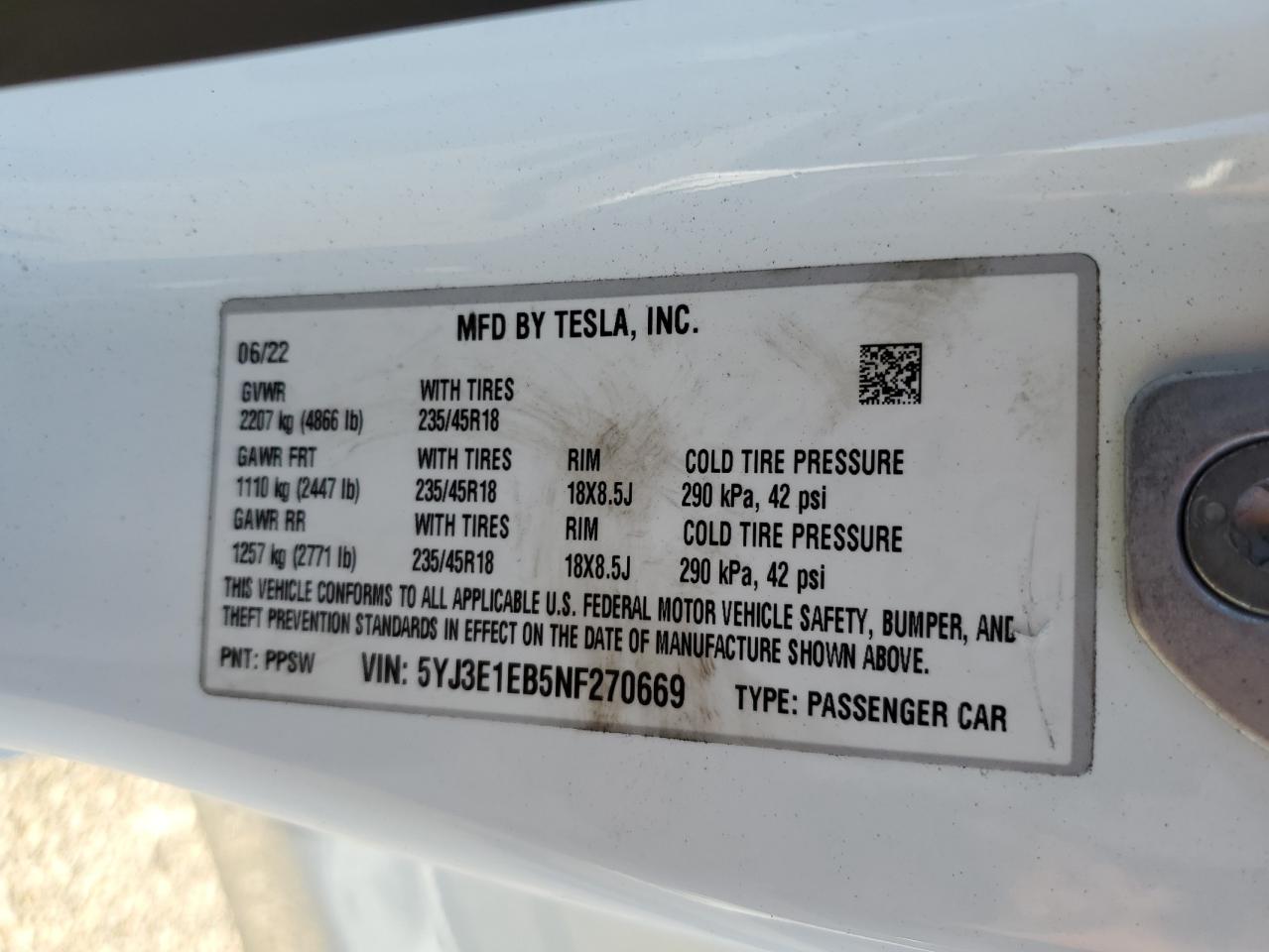 2022 TESLA MODEL 3  VIN:5YJ3E1EB5NF270669