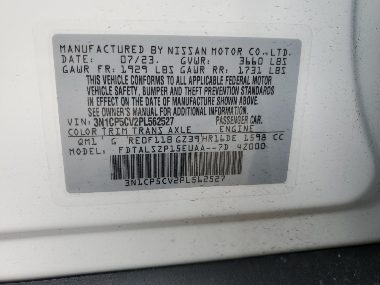 2023 NISSAN KICKS SV VIN:3N1CP5CV2PL562527