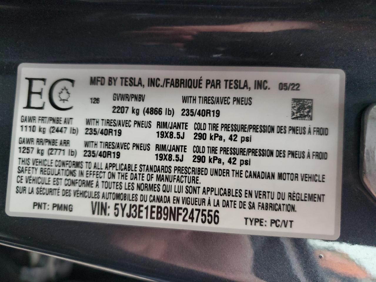 2022 TESLA MODEL 3  VIN:5YJ3E1EB9NF247556
