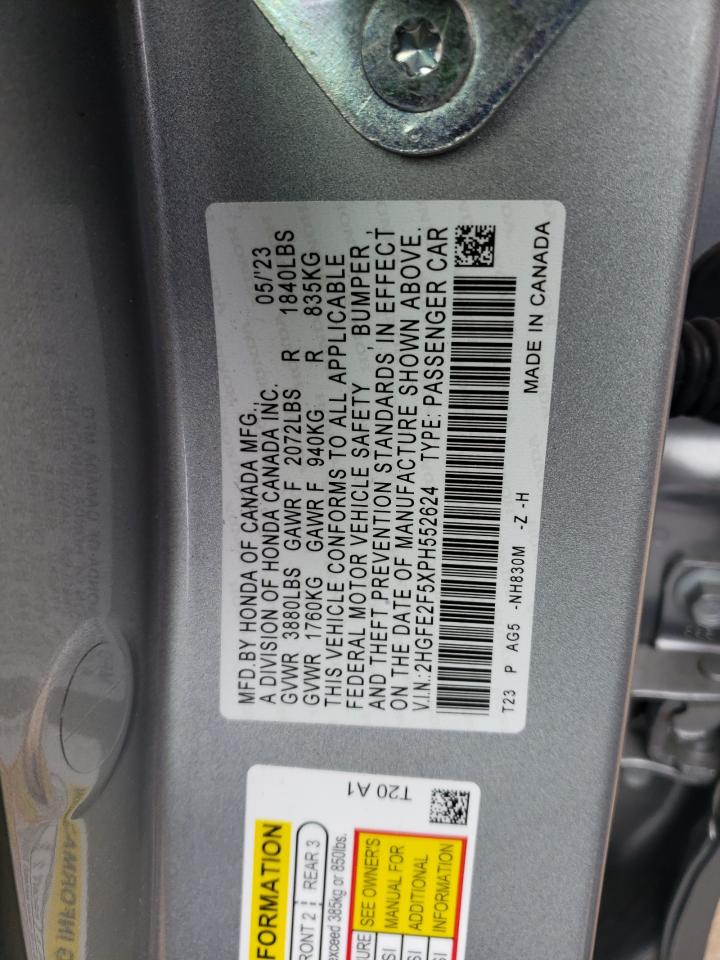 2023 HONDA CIVIC SPORT VIN:2HGFE2F5XPH552624