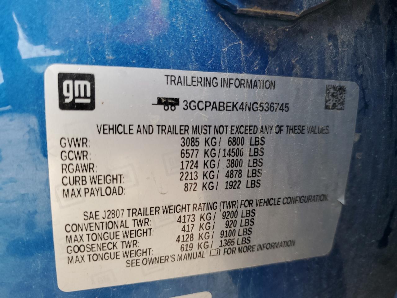 2022 CHEVROLET SILVERADO C1500 CUSTOM VIN:3GCPABEK4NG536745