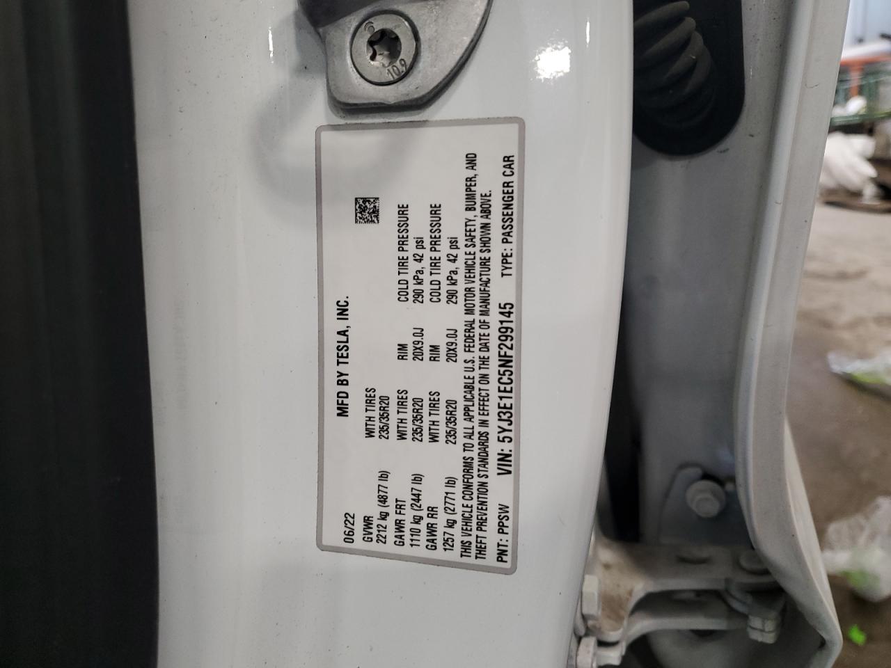 2022 TESLA MODEL 3  VIN:5YJ3E1EC5NF299145