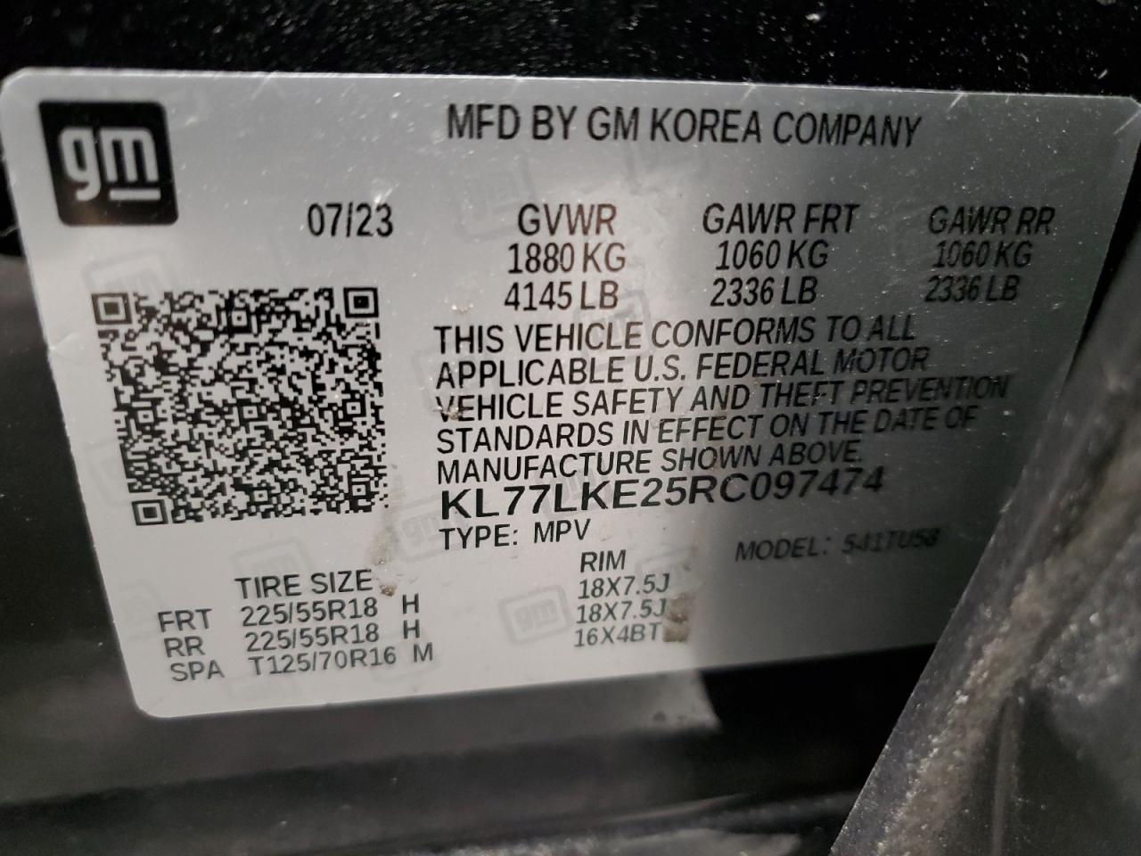 2024 CHEVROLET TRAX ACTIV VIN:KL77LKE25RC097474