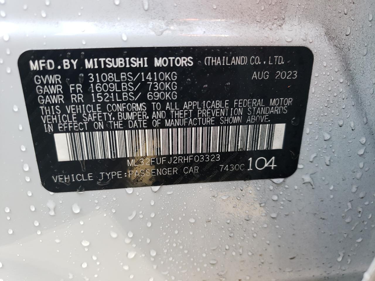 2024 MITSUBISHI MIRAGE G4 ES VIN:ML32FUFJ2RHF03323