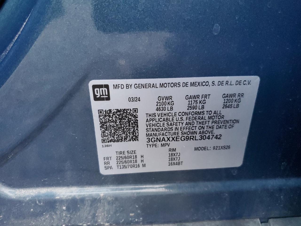 2024 CHEVROLET EQUINOX PREMIERE VIN:3GNAXXEG9RL304742