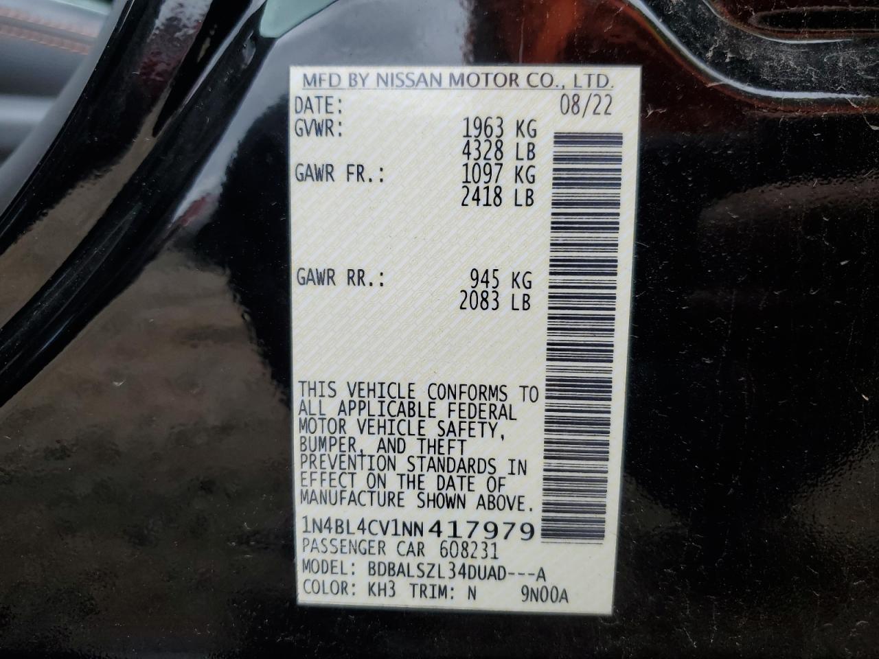 2022 NISSAN ALTIMA SR VIN:1N4BL4CV1NN417979