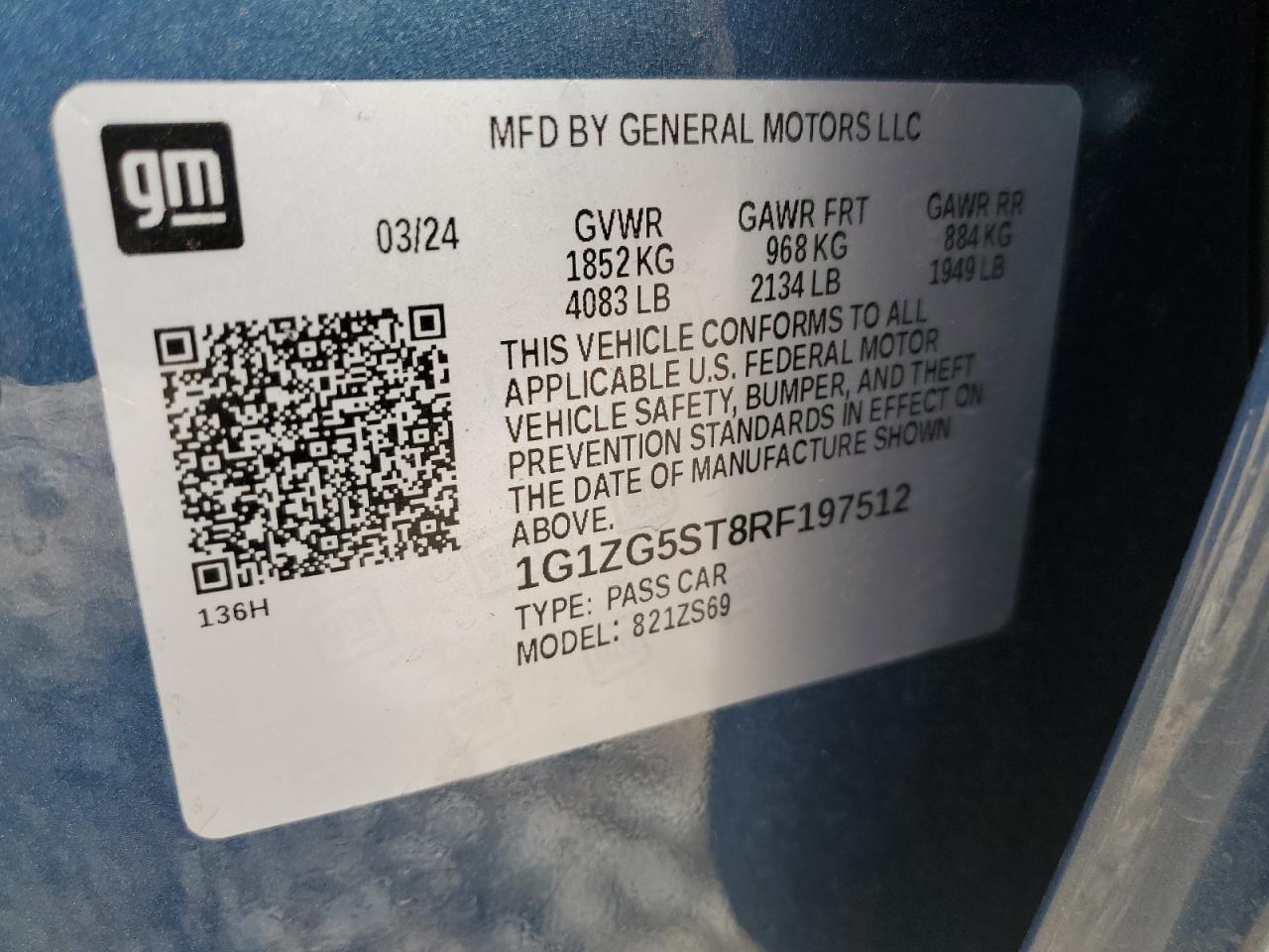 2024 CHEVROLET MALIBU RS VIN:1G1ZG5ST8RF197512