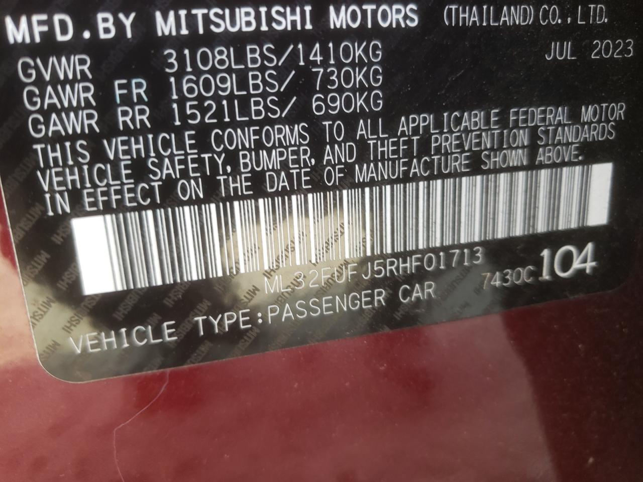 2024 MITSUBISHI MIRAGE G4 ES VIN:ML32FUFJ5RHF01713