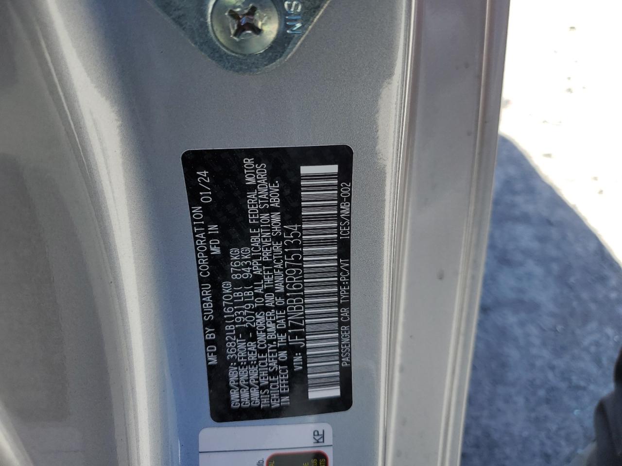 2024 TOYOTA GR 86  VIN:JF1ZNBB16R9751354