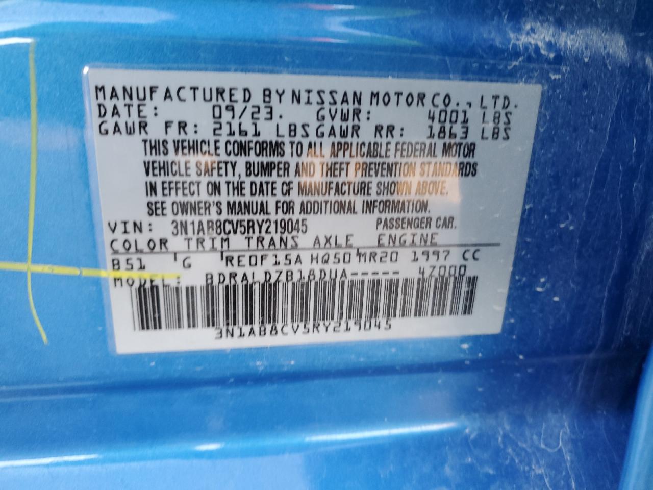 2024 NISSAN SENTRA SV VIN:3N1AB8CV5RY219045