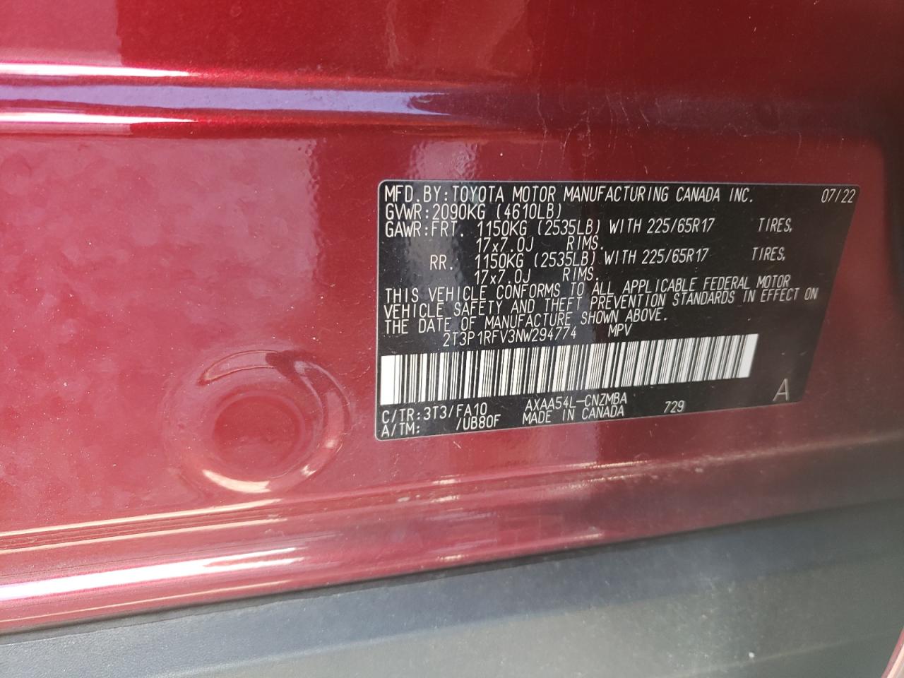 2022 TOYOTA RAV4 XLE VIN:2T3P1RFV3NW294774