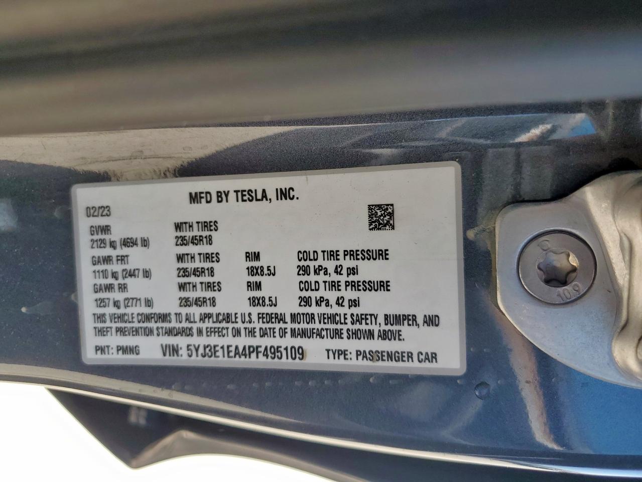 2023 TESLA MODEL 3  VIN:5YJ3E1EA4PF495109