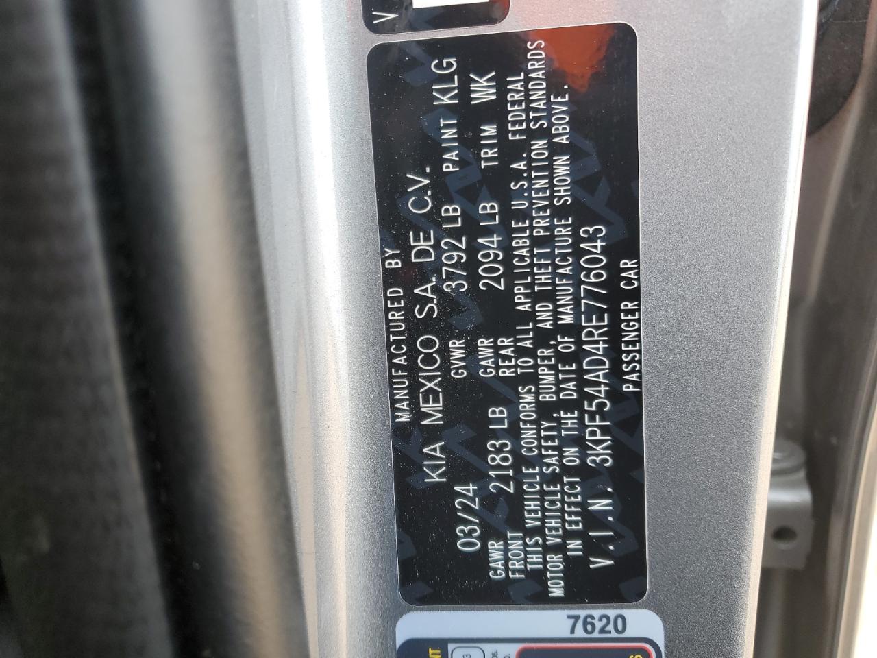 2024 KIA FORTE GT LINE VIN:3KPF54AD4RE776043