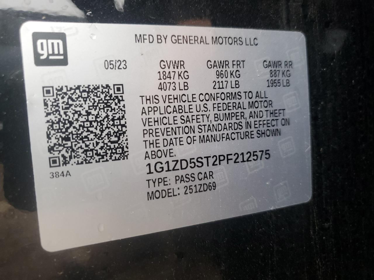 2023 CHEVROLET MALIBU LT VIN:1G1ZD5ST2PF212575