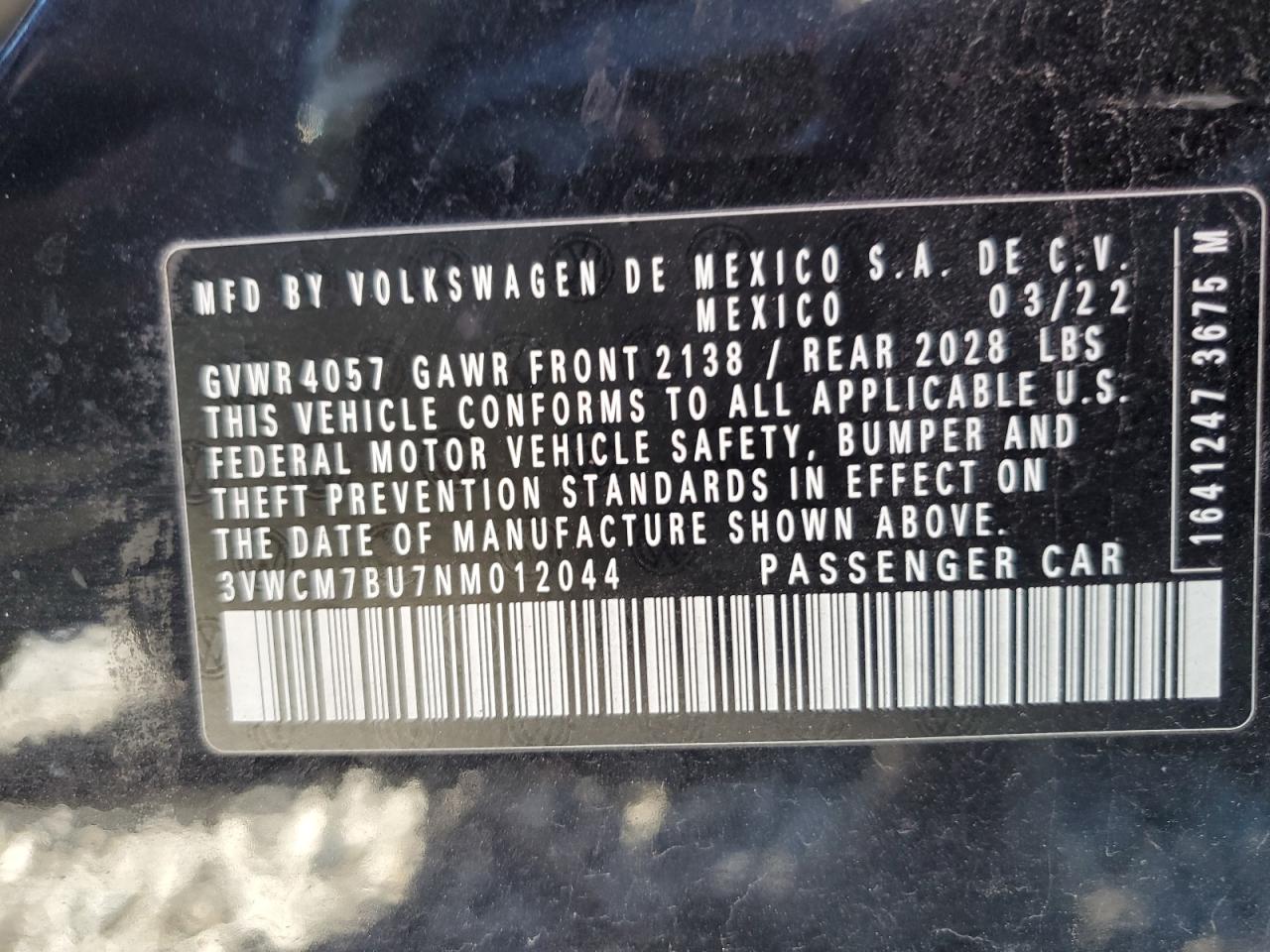 2022 VOLKSWAGEN JETTA S VIN:3VWCM7BU7NM012044