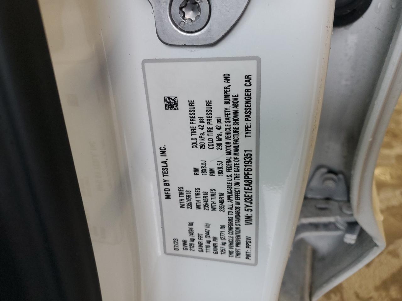 2023 TESLA MODEL 3  VIN:5YJ3E1EA8PF619351