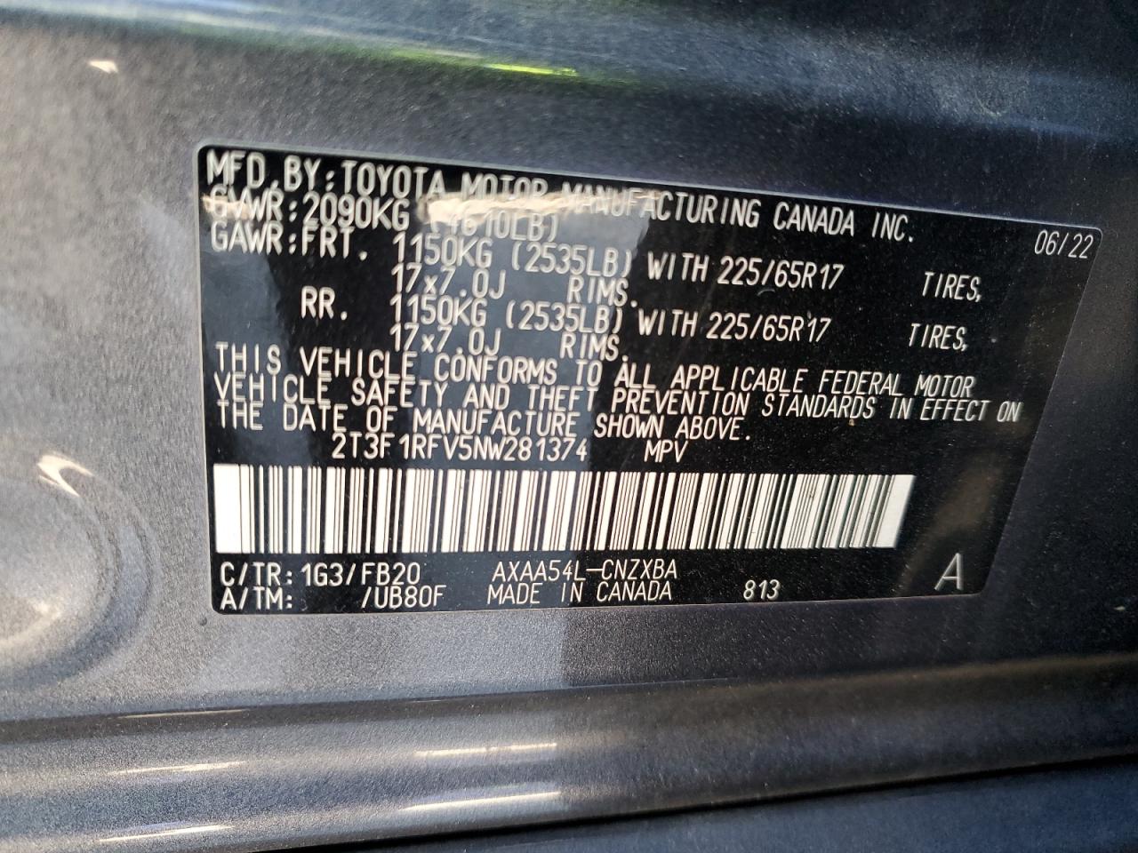 2022 TOYOTA RAV4 LE VIN:2T3F1RFV5NW281374