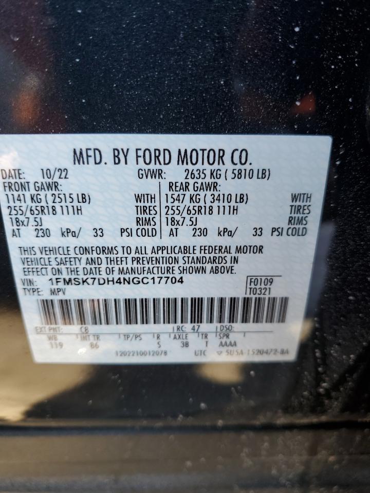 2022 FORD EXPLORER XLT VIN:1FMSK7DH4NGC17704