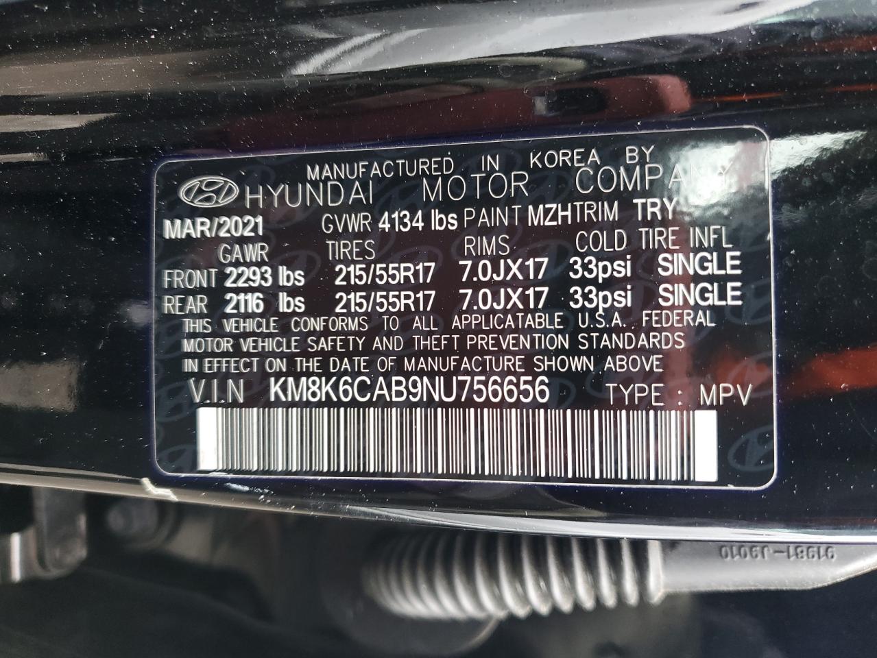 2022 HYUNDAI KONA SEL VIN:KM8K6CAB9NU756656