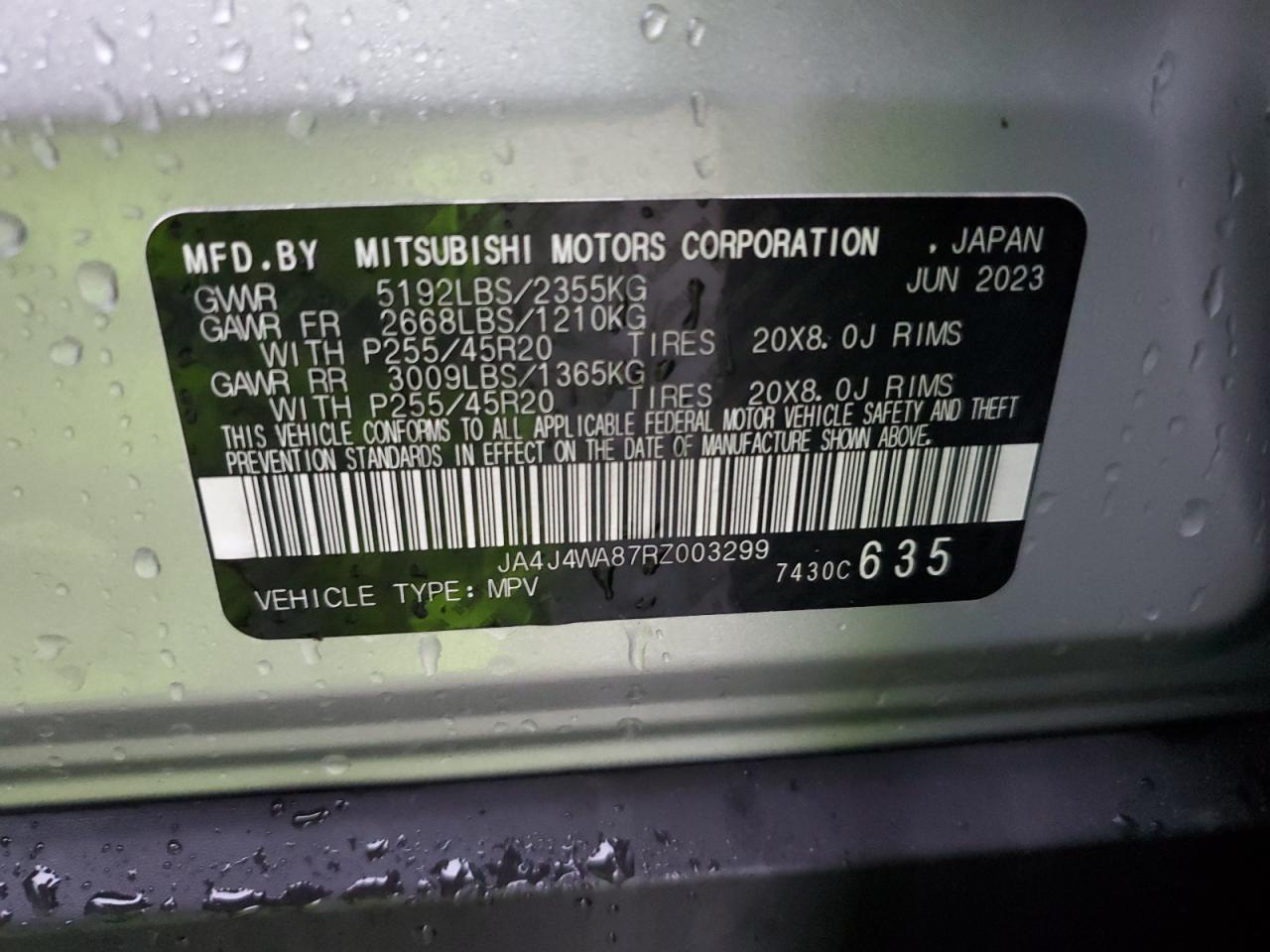 2024 MITSUBISHI OUTLANDER SEL VIN:JA4J4WA87RZ003299
