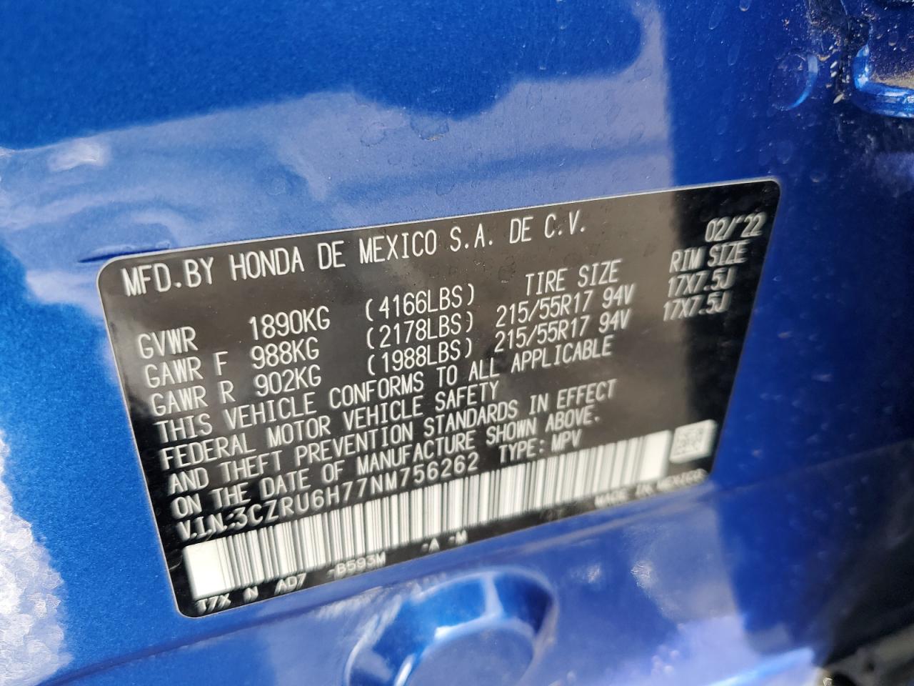 2022 HONDA HR-V EXL VIN:3CZRU6H77NM756262