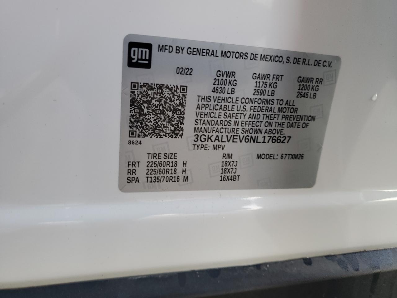 2022 GMC TERRAIN SLT VIN:3GKALVEV6NL176627