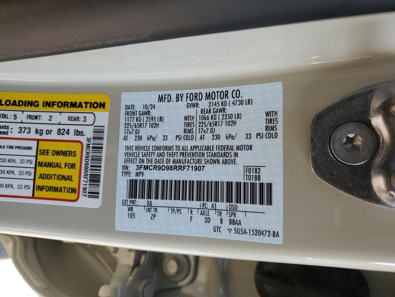 2024 FORD BRONCO SPORT BADLANDS VIN:3FMCR9D98RRF71907