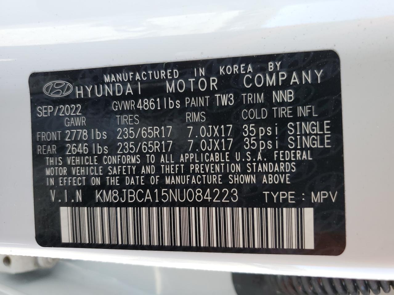 2022 HYUNDAI TUCSON BLUE VIN:KM8JBCA15NU084223