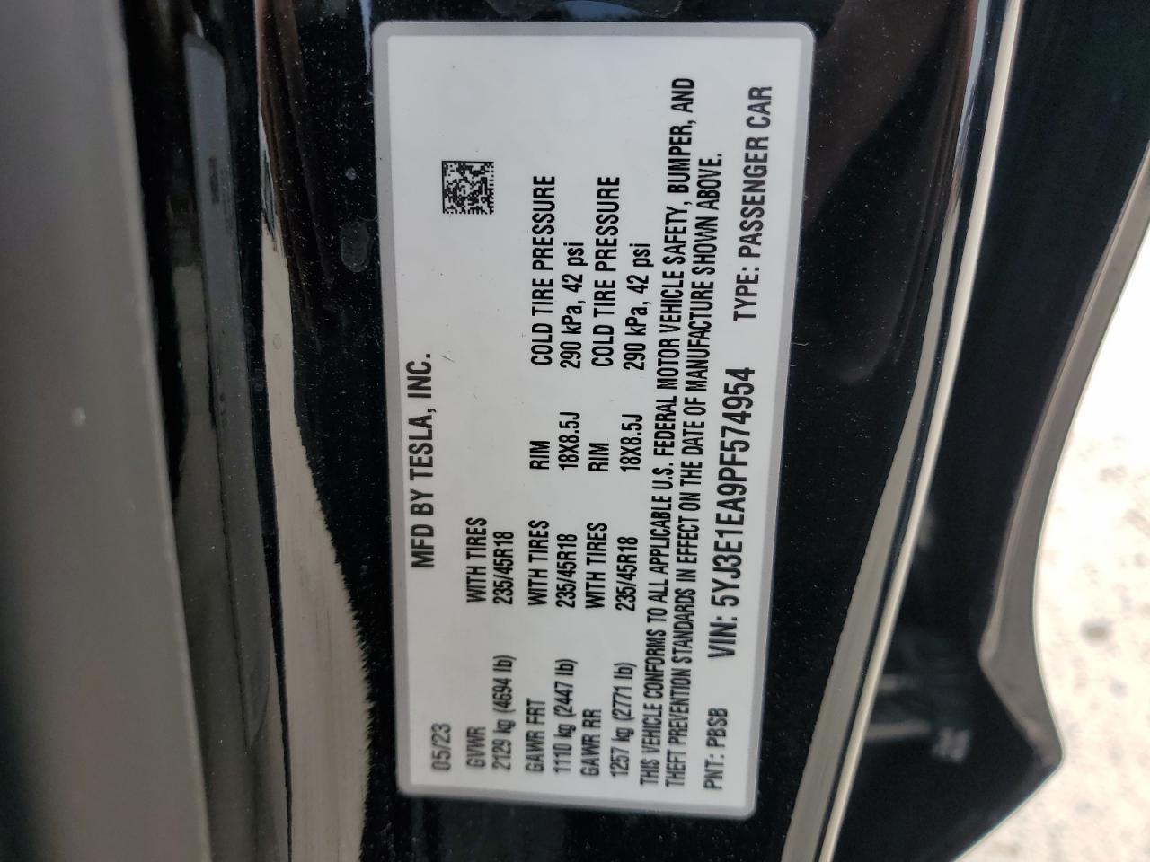 2023 TESLA MODEL 3  VIN:5YJ3E1EA9PF574954