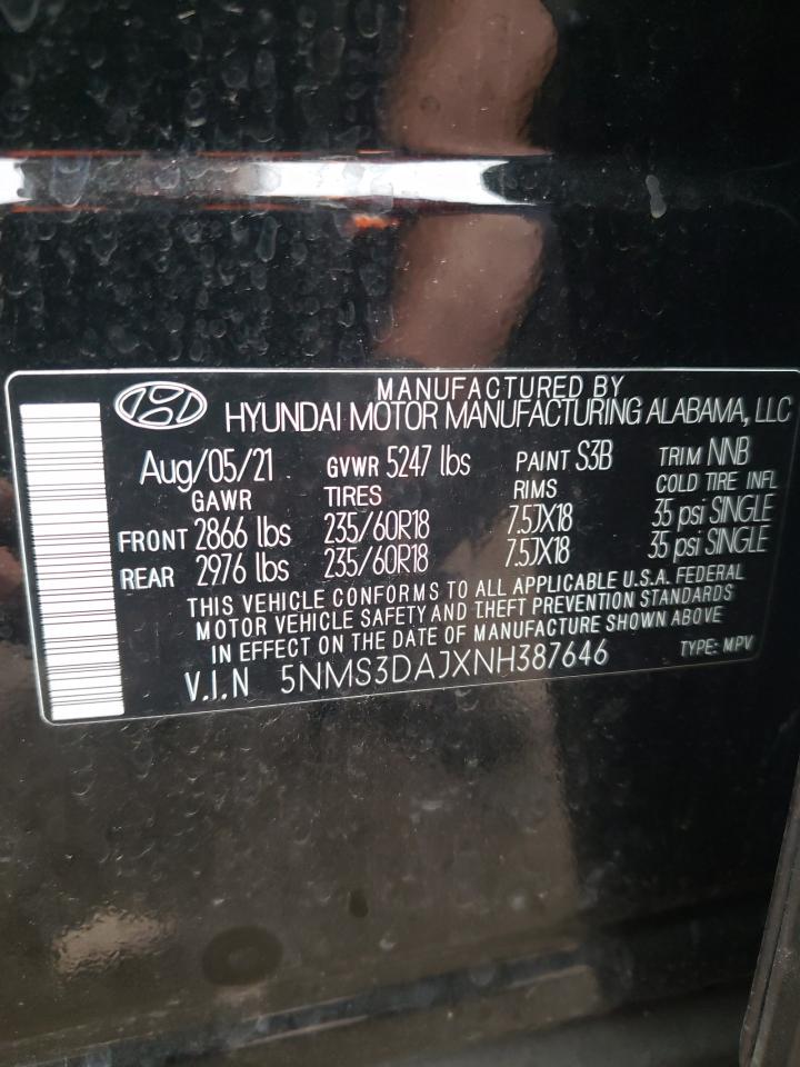 2022 HYUNDAI SANTA FE SEL VIN:5NMS3DAJXNH387646