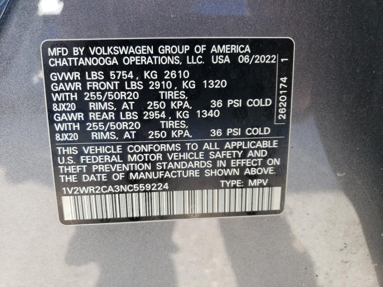 2022 VOLKSWAGEN ATLAS SE VIN:1V2WR2CA3NC559224