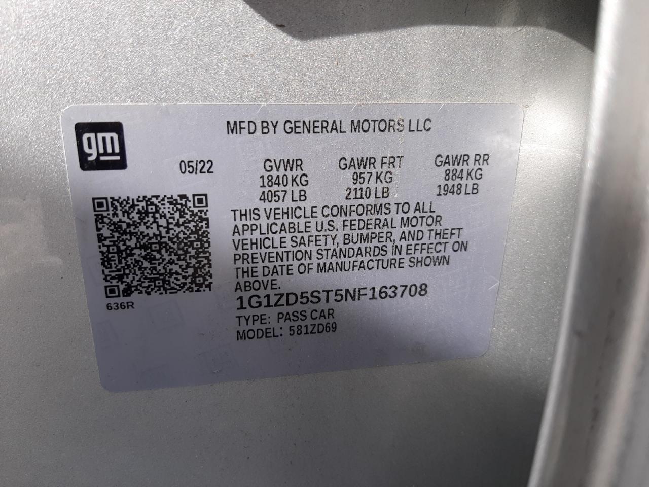 2022 CHEVROLET MALIBU LT VIN:1G1ZD5ST5NF163708