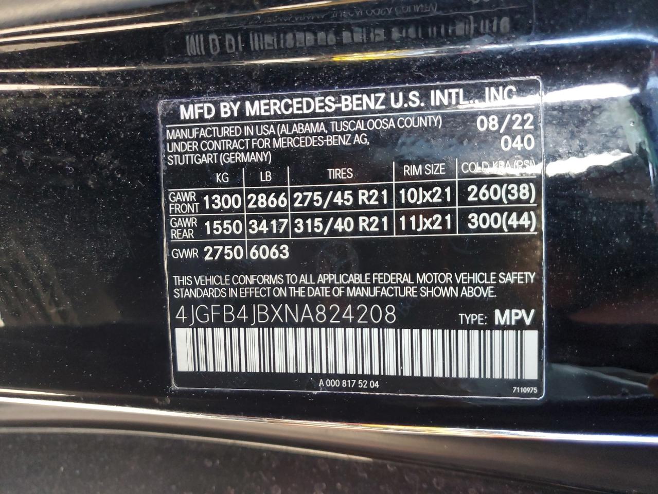 2022 MERCEDES-BENZ GLE 350 VIN:4JGFB4JBXNA824208