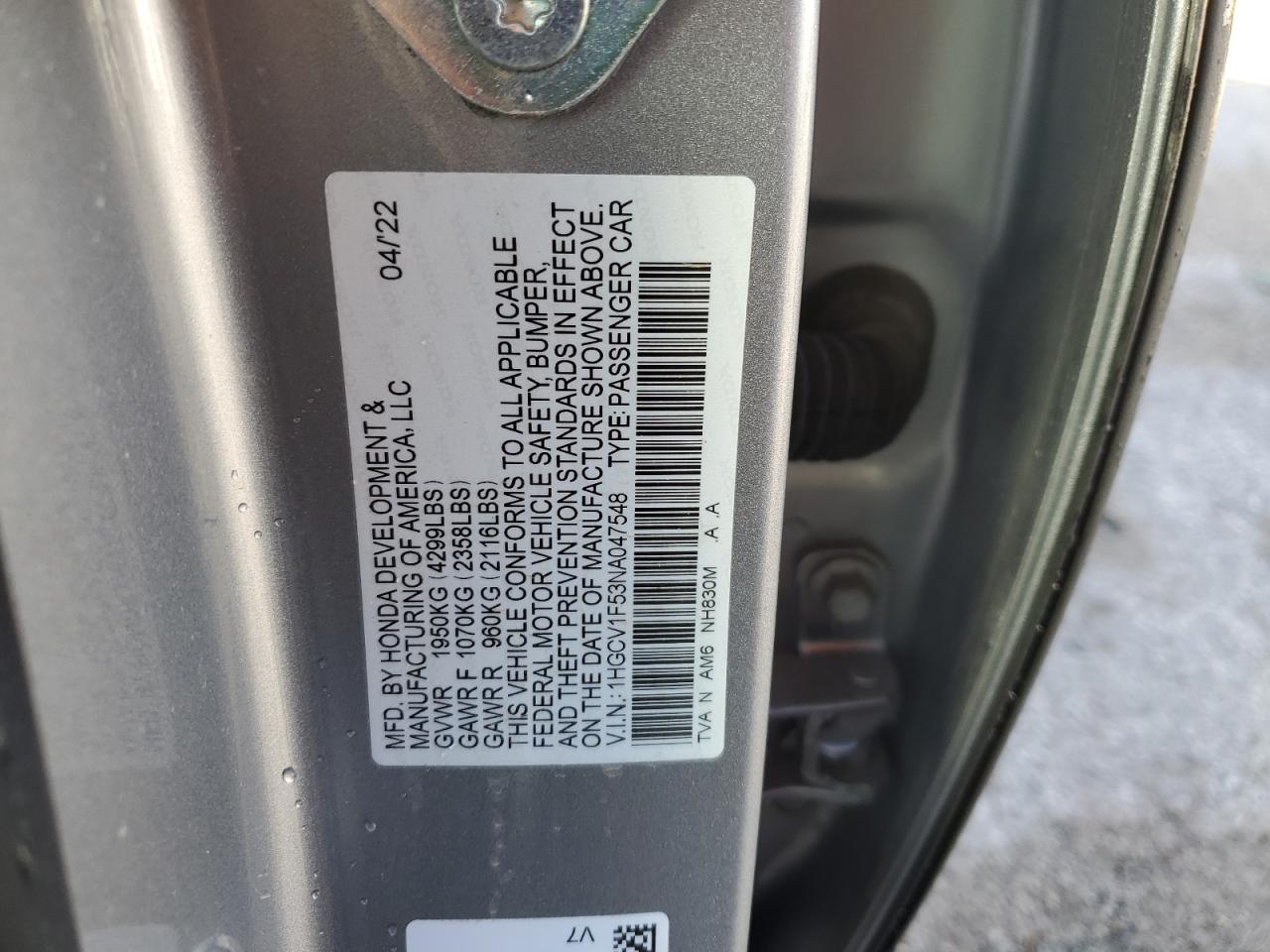 2022 HONDA ACCORD EXL VIN:1HGCV1F53NA047548