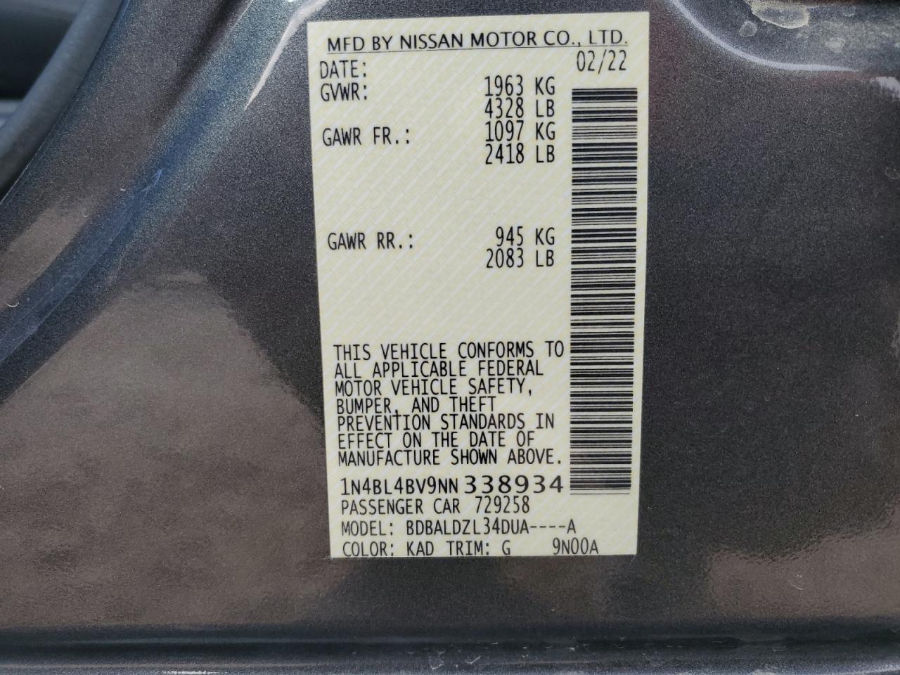 2022 NISSAN ALTIMA S VIN:1N4BL4BV9NN338934