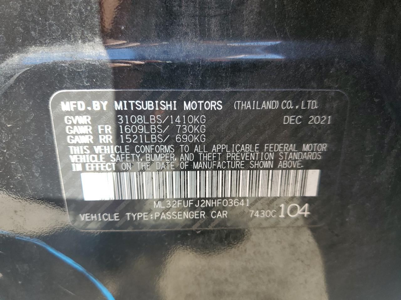 2022 MITSUBISHI MIRAGE G4 ES VIN:ML32FUFJ2NHF03641