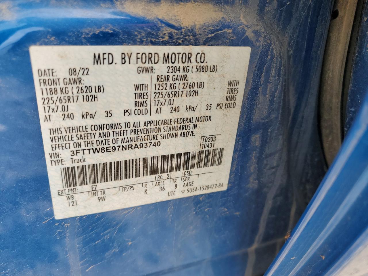 2022 FORD MAVERICK XL VIN:3FTTW8E97NRA93740