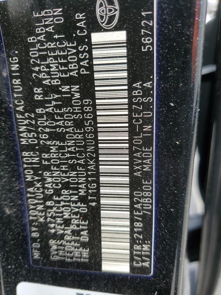 2022 TOYOTA CAMRY SE VIN:4T1G11AK2NU695689