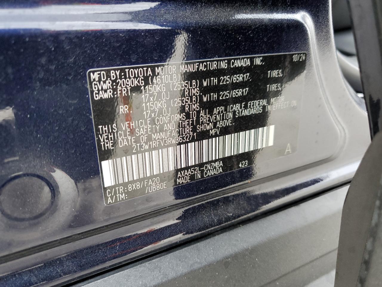 2024 TOYOTA RAV4 XLE VIN:2T3W1RFV3RW363271