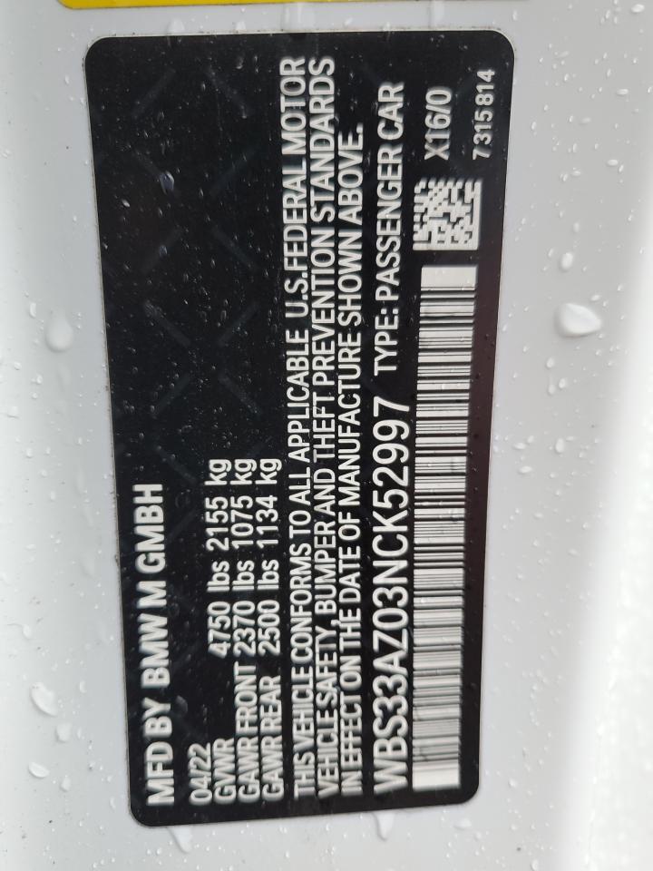 2022 BMW M4 COMPETITION VIN:WBS33AZ03NCK52997