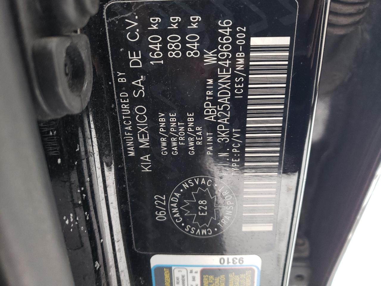 2022 KIA RIO S VIN:3KPA25ADXNE496646