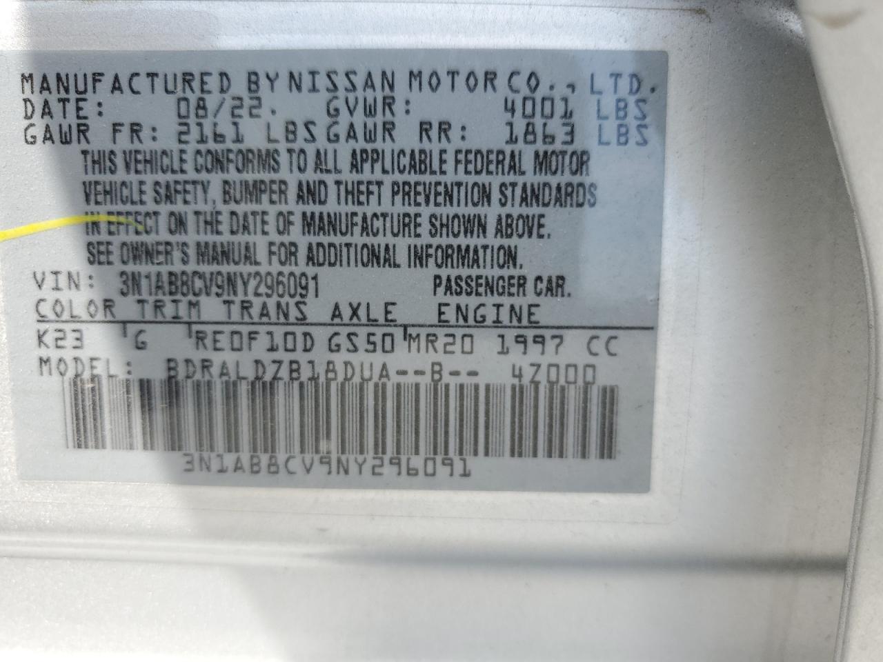 2022 NISSAN SENTRA SV VIN:3N1AB8CV9NY296091