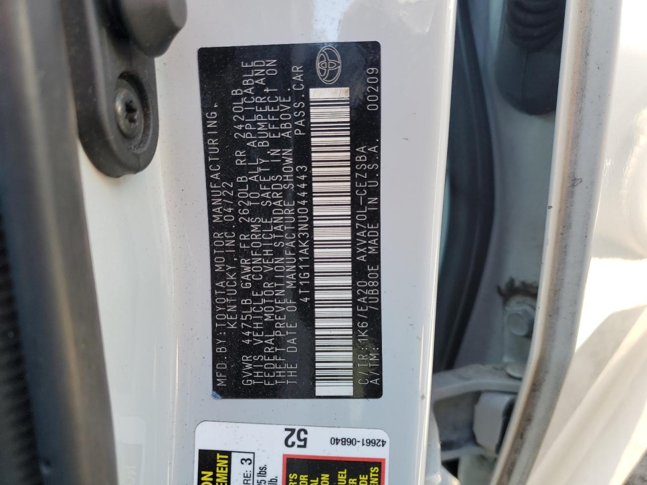 2022 TOYOTA CAMRY SE VIN:4T1G11AK3NU044443