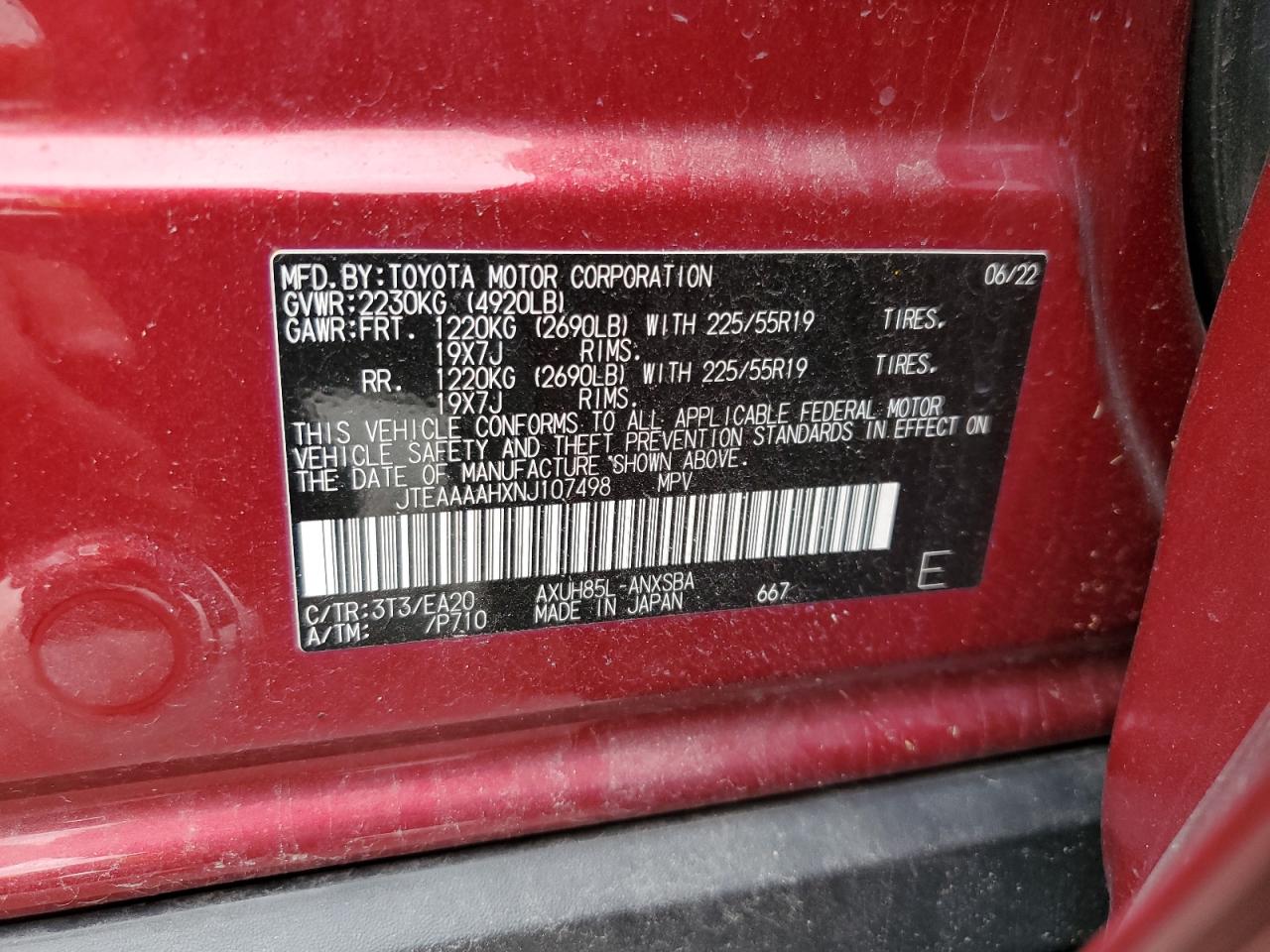 2022 TOYOTA VENZA LE VIN:JTEAAAAHXNJ107498