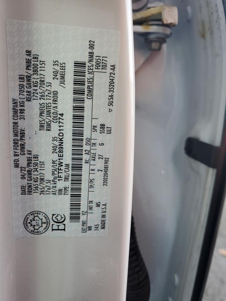 2022 FORD F150 SUPERCREW VIN:1FTFW1E89NKD11774