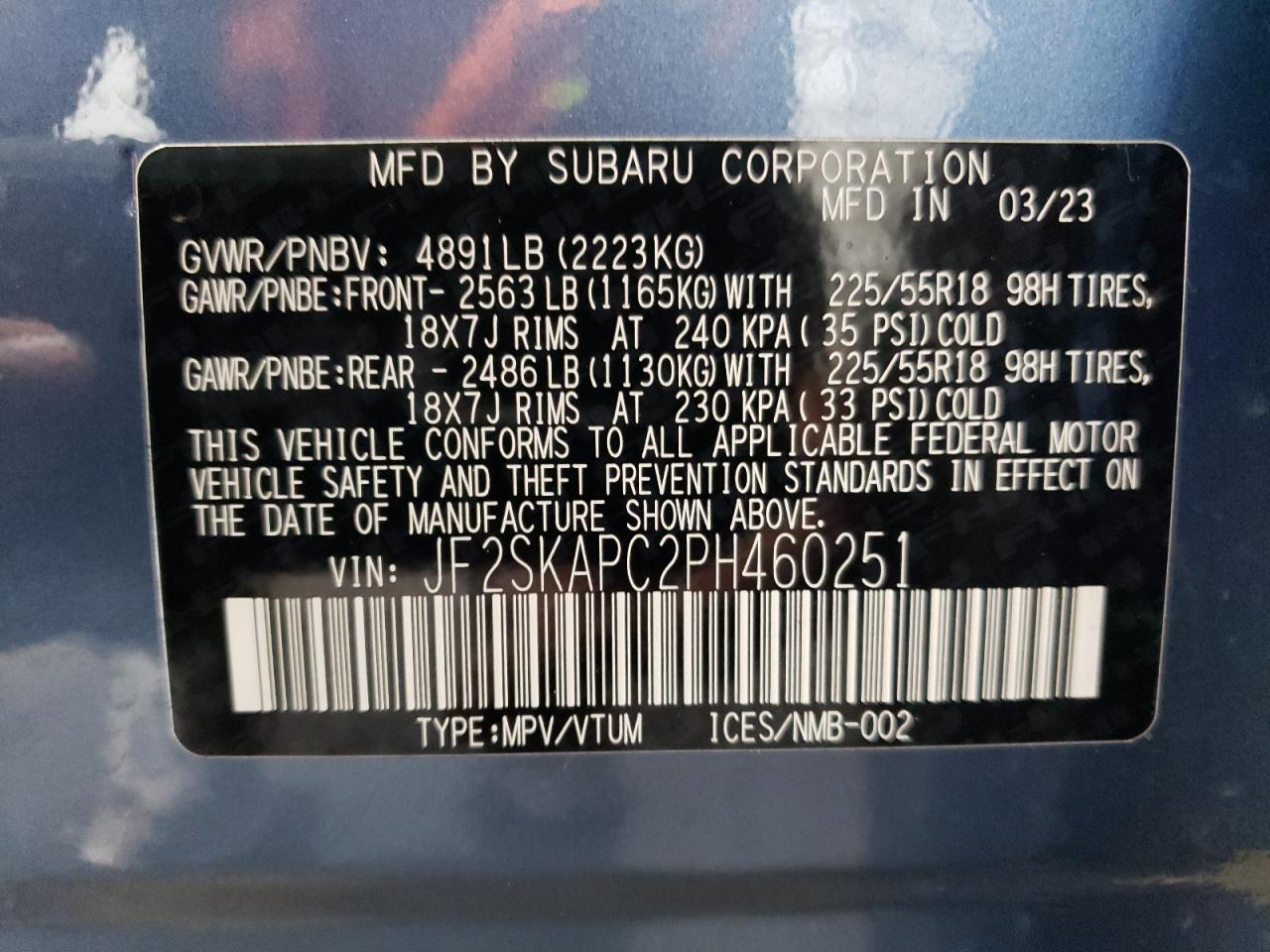 2023 SUBARU FORESTER LIMITED VIN:JF2SKAPC2PH460251