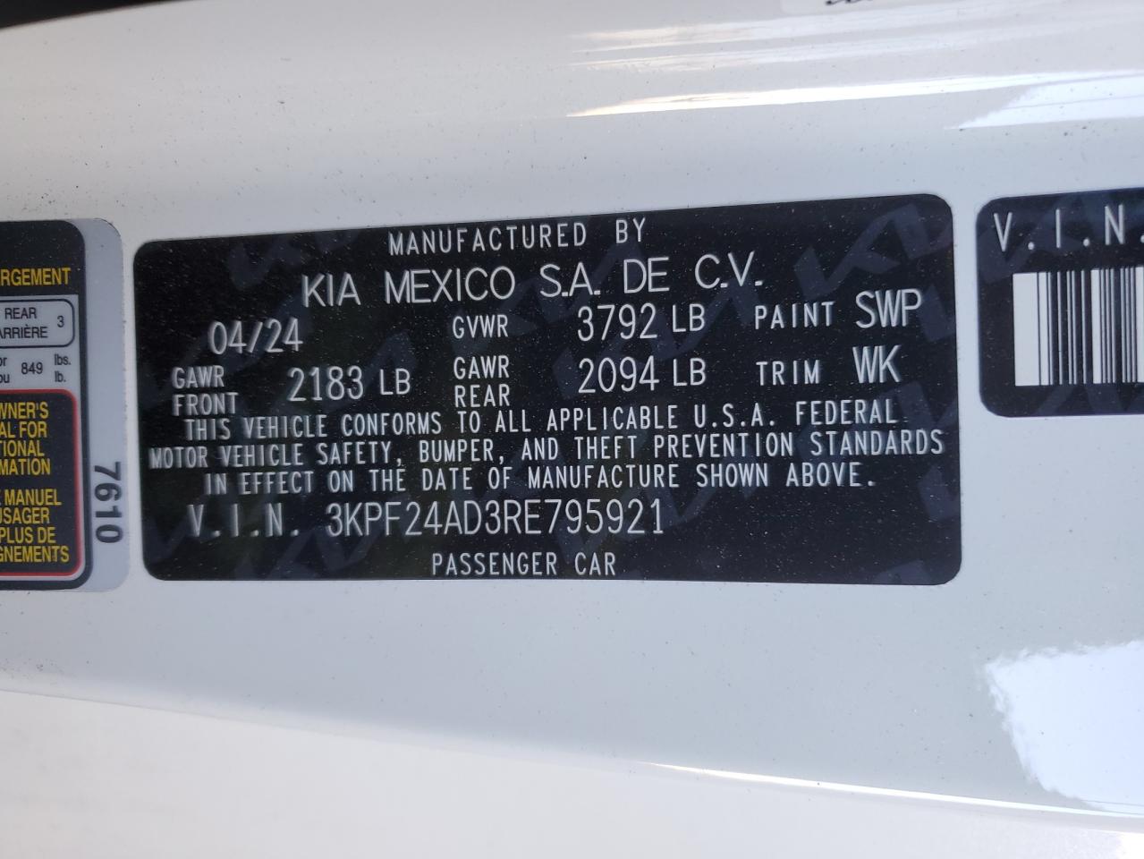 2024 KIA FORTE LX VIN:3KPF24AD3RE795921