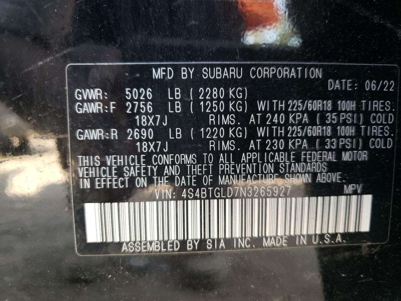 2022 SUBARU OUTBACK ONYX EDITION XT VIN:4S4BTGLD7N3265927