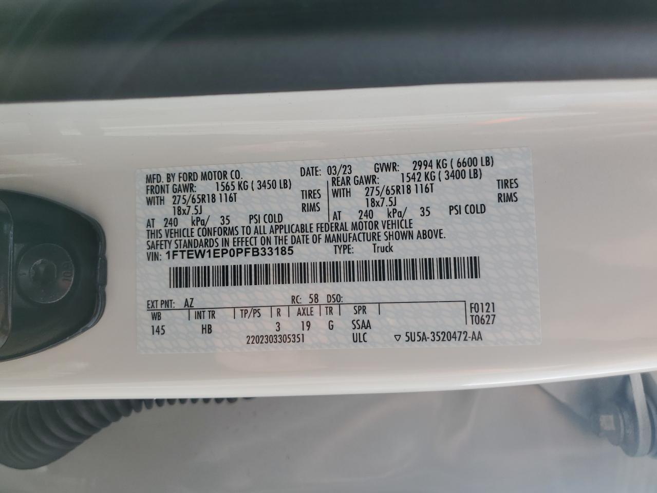2023 FORD F150 SUPERCREW VIN:1FTEW1EP0PFB33185