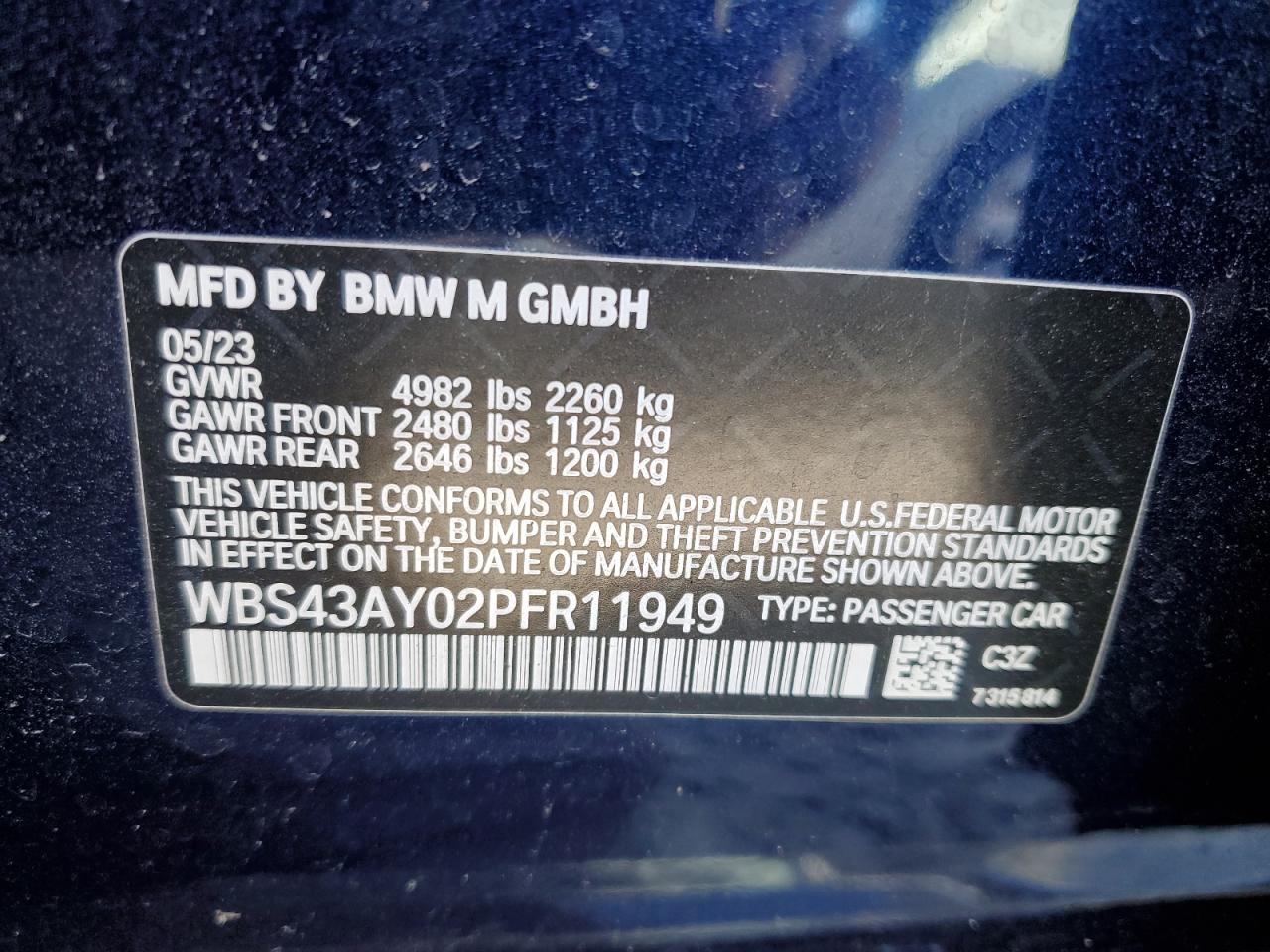 2023 BMW M3 COMPETITION VIN:WBS43AY02PFR11949